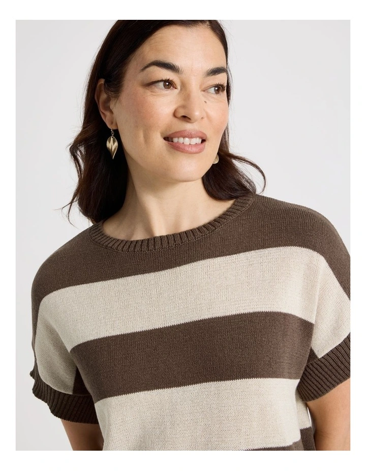 Extended Short Sleeve Knit Top in Chocolate/Neutral Stripe image 4