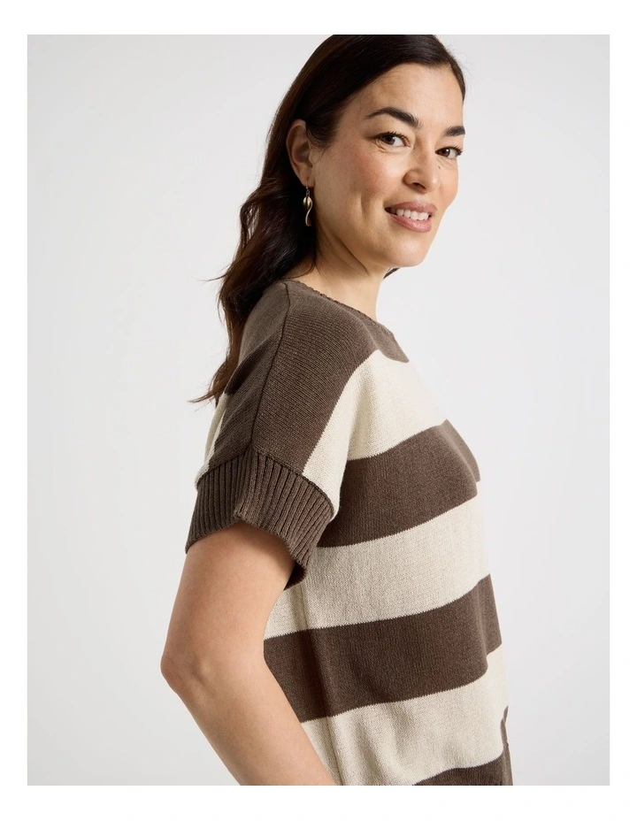 Extended Short Sleeve Knit Top in Chocolate/Neutral Stripe image 5
