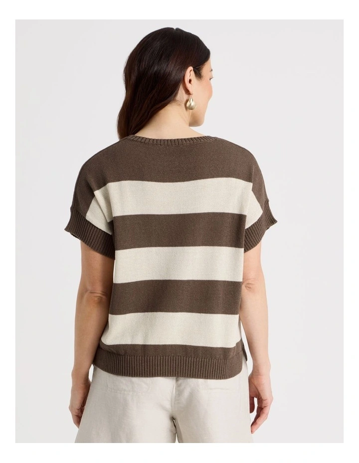 Extended Short Sleeve Knit Top in Chocolate/Neutral Stripe image 6