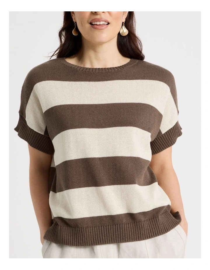 Extended Short Sleeve Knit Top in Chocolate/Neutral Stripe image 7