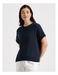 Extended Short Sleeve Knit Top in Navy