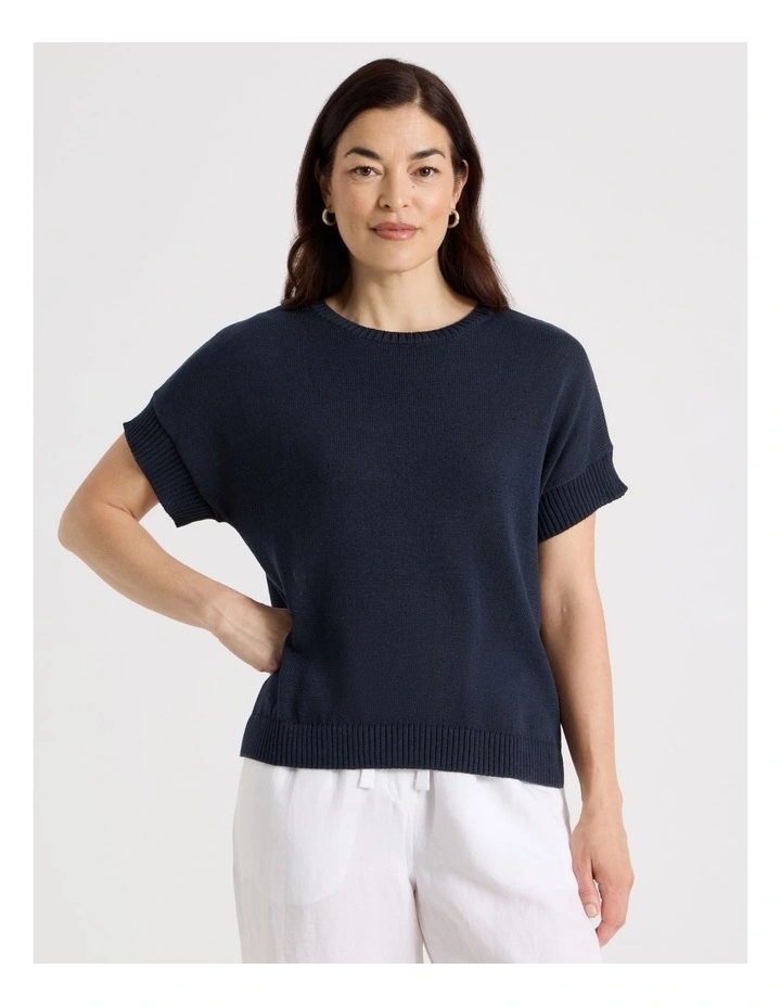 Extended Short Sleeve Knit Top in Navy image 3