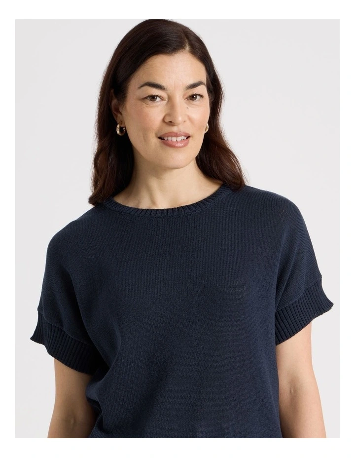 Extended Short Sleeve Knit Top in Navy image 4