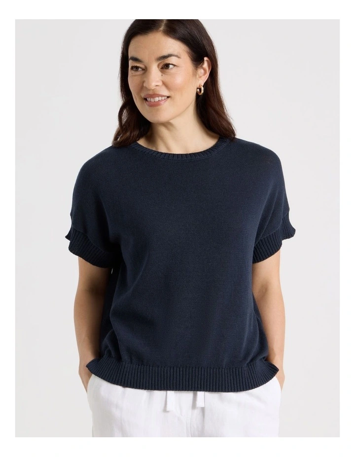 Extended Short Sleeve Knit Top in Navy image 5