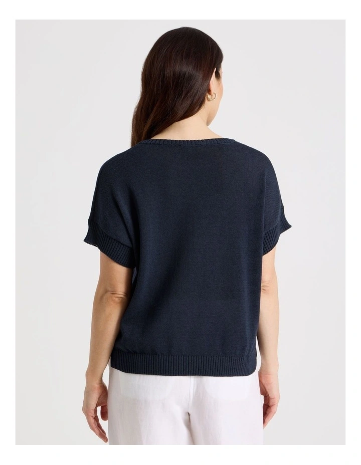 Extended Short Sleeve Knit Top in Navy image 6