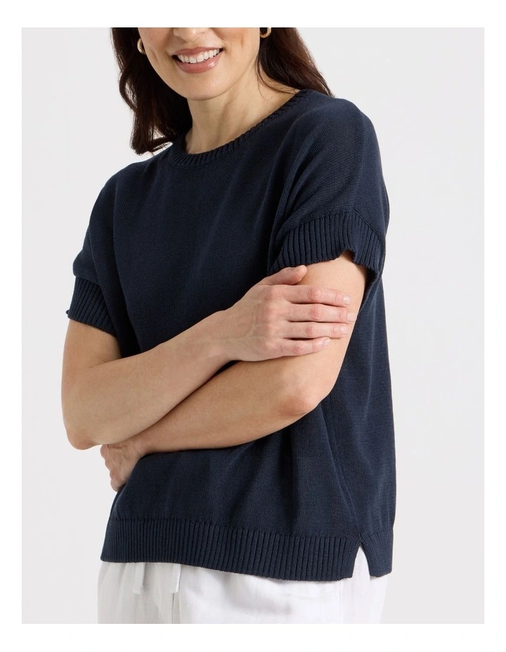 Extended Short Sleeve Knit Top in Navy image 7