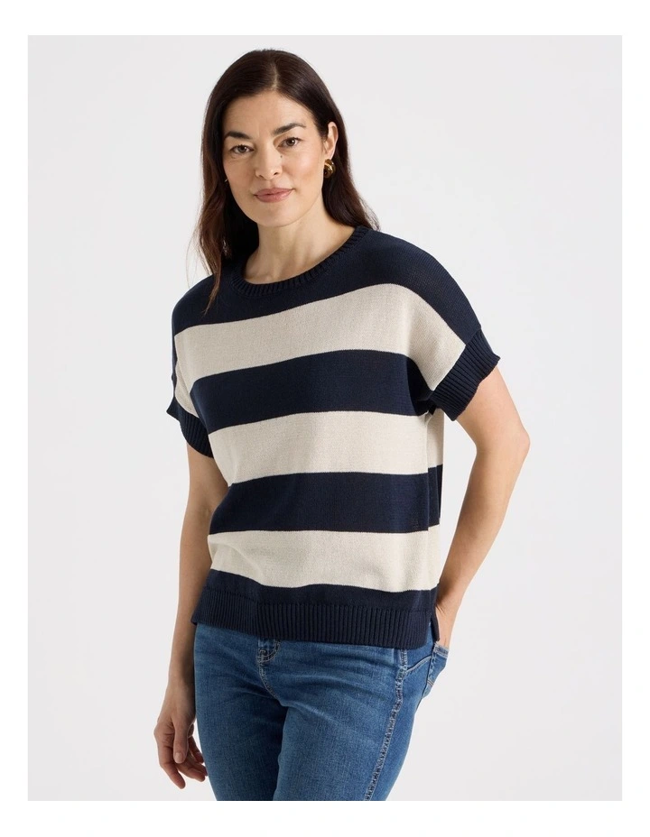 Extended Short Sleeve Knit Top in Navy/Neutral Stripe image 1