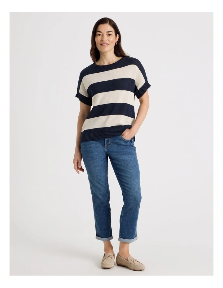 Extended Short Sleeve Knit Top in Navy/Neutral Stripe image 2