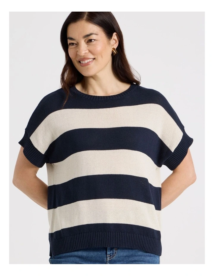 Extended Short Sleeve Knit Top in Navy/Neutral Stripe image 3