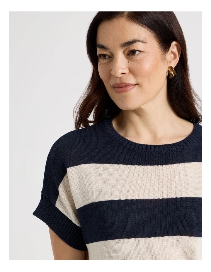 Extended Short Sleeve Knit Top in Navy/Neutral Stripe image 4
