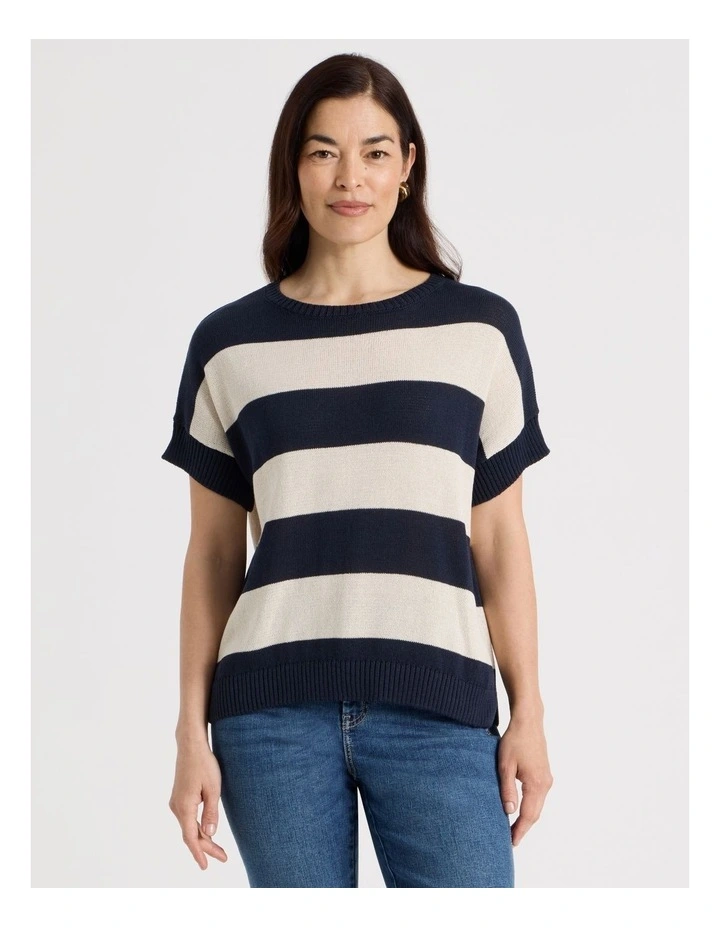 Extended Short Sleeve Knit Top in Navy/Neutral Stripe image 5