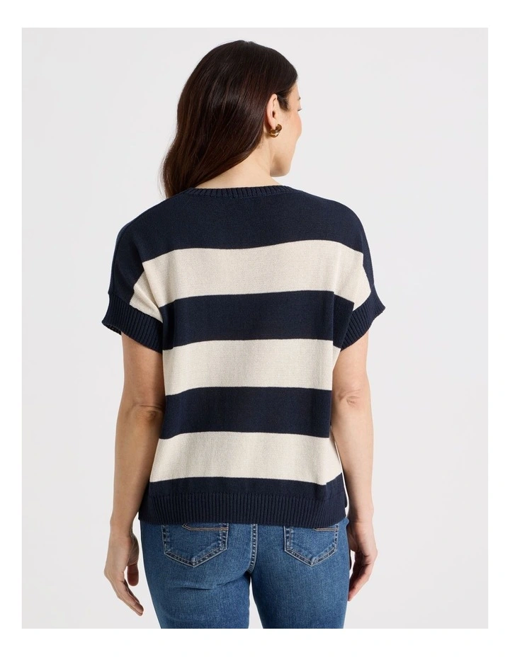 Extended Short Sleeve Knit Top in Navy/Neutral Stripe image 6