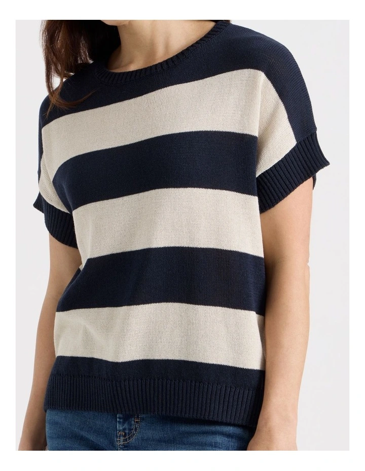 Extended Short Sleeve Knit Top in Navy/Neutral Stripe image 7