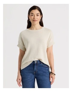 Extended Short Sleeve Knit Top in Neutral