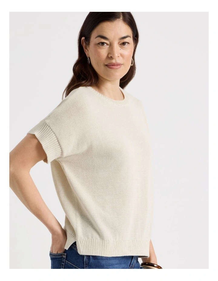 Extended Short Sleeve Knit Top in Neutral image 3