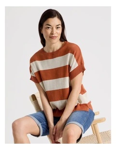 Extended Short Sleeve Knit Top in Baked Terra Cotton/Neutral Stripe