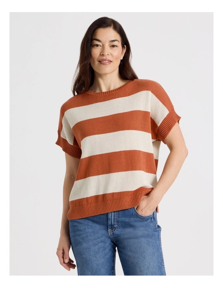 Extended Short Sleeve Knit Top in Baked Terra Cotton/Neutral Stripe image 2