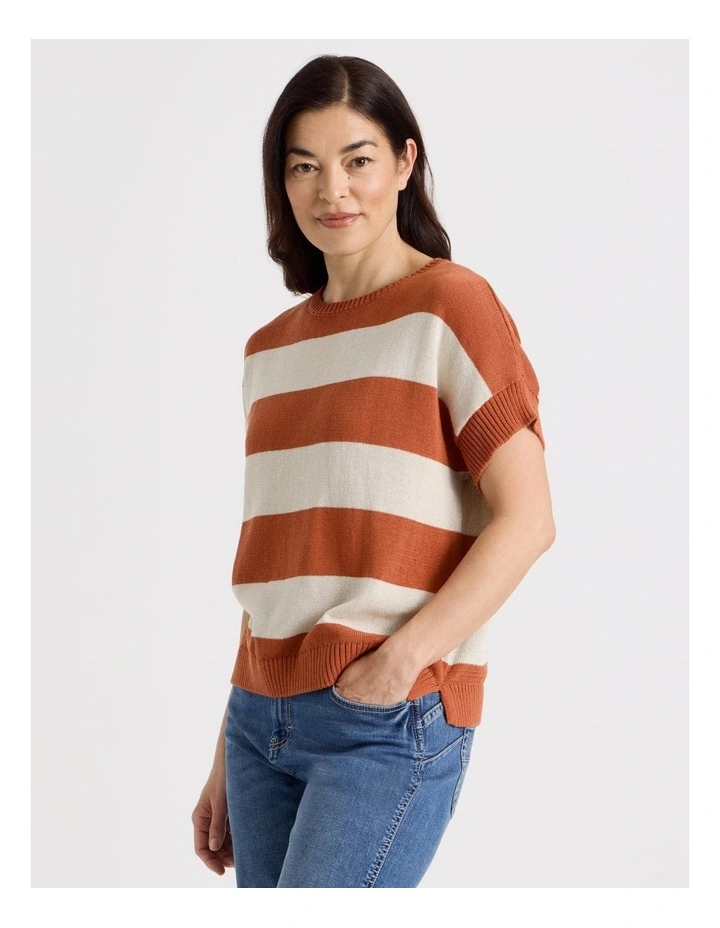 Extended Short Sleeve Knit Top in Baked Terra Cotton/Neutral Stripe image 3