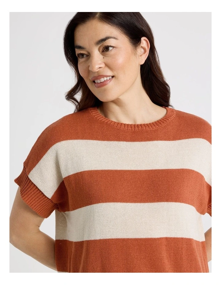 Extended Short Sleeve Knit Top in Baked Terra Cotton/Neutral Stripe image 4