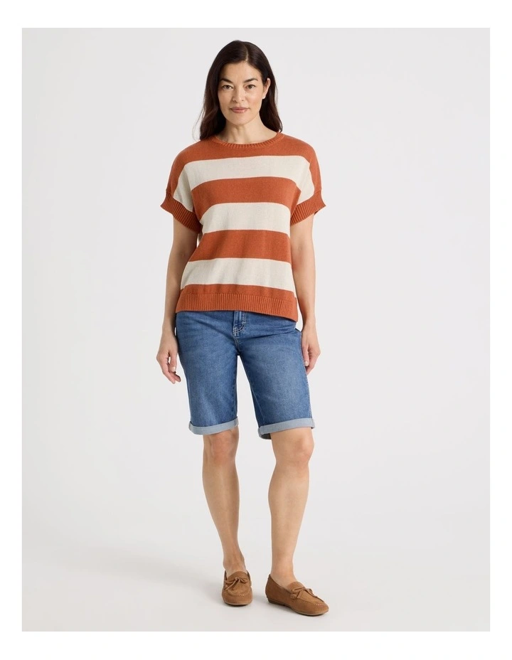 Extended Short Sleeve Knit Top in Baked Terra Cotton/Neutral Stripe image 5