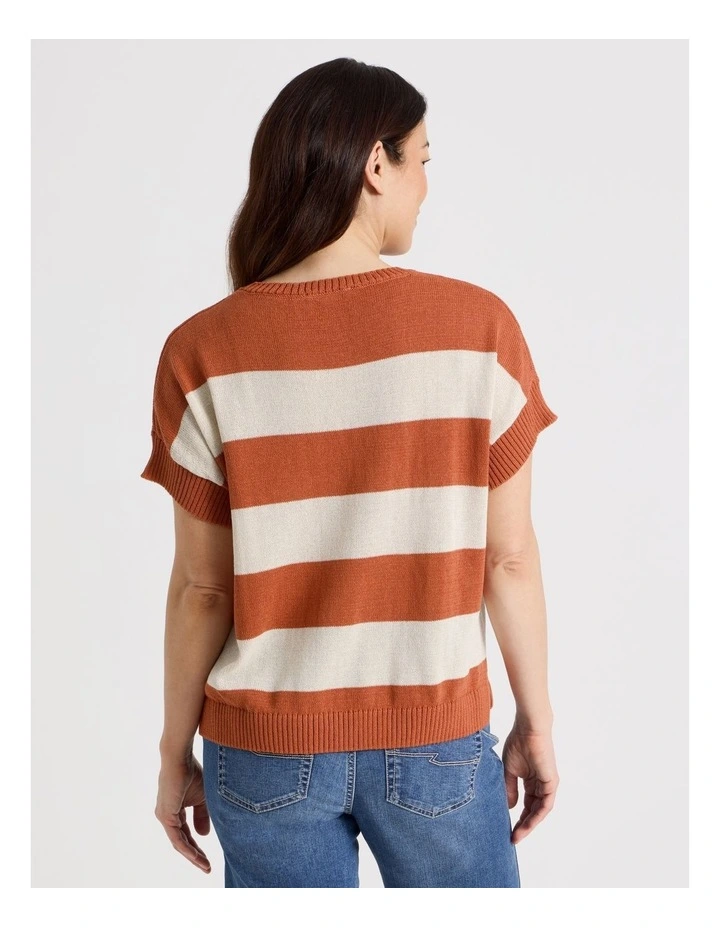 Extended Short Sleeve Knit Top in Baked Terra Cotton/Neutral Stripe image 6