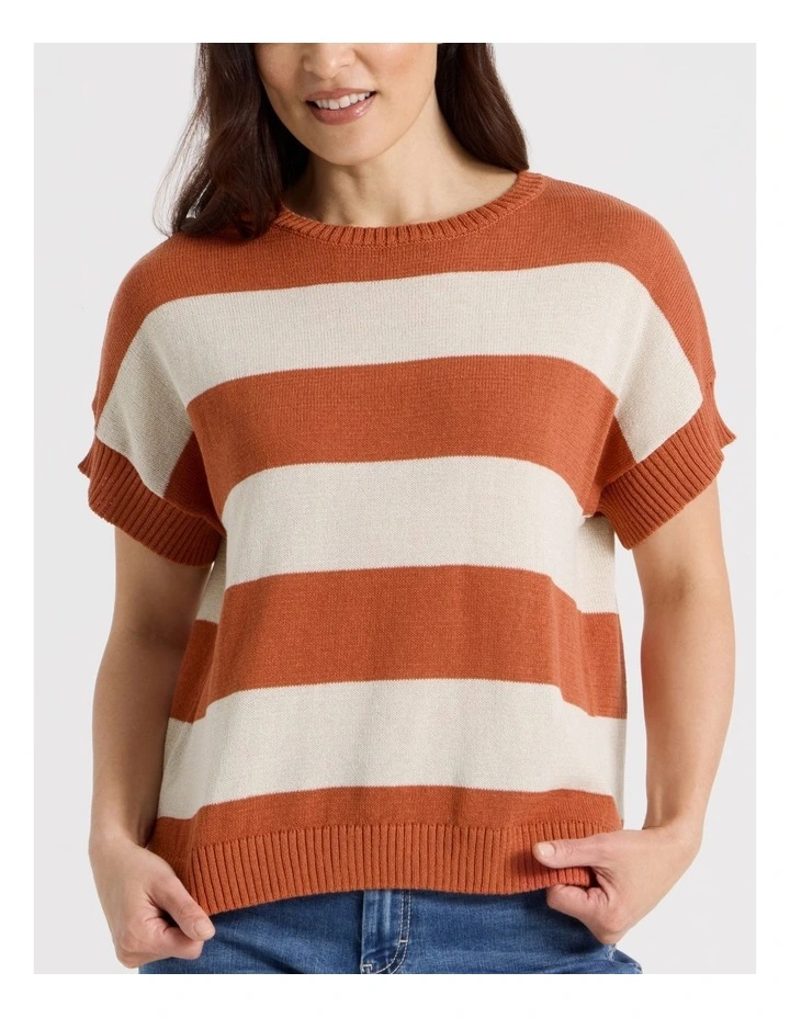Extended Short Sleeve Knit Top in Baked Terra Cotton/Neutral Stripe image 7