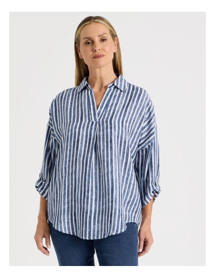 Rolled Sleeve Pop Over Shirt in Blue Stripe image 1