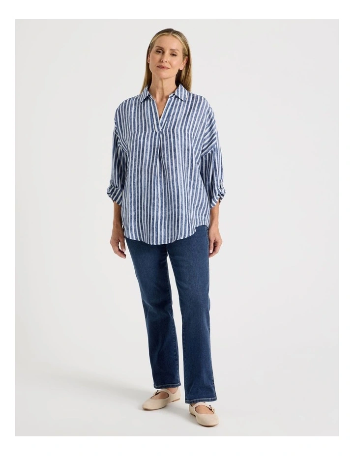 Rolled Sleeve Pop Over Shirt in Blue Stripe image 2