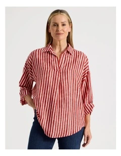 Rolled Sleeve Pop Over Shirt in Red Stripe
