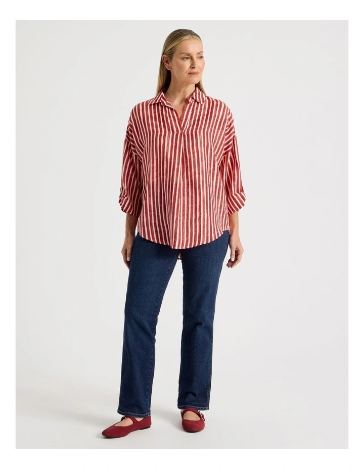 Rolled Sleeve Pop Over Shirt in Red Stripe image 2