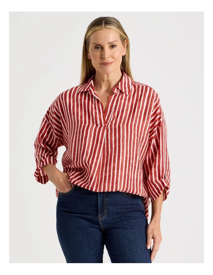 Rolled Sleeve Pop Over Shirt in Red Stripe image 6