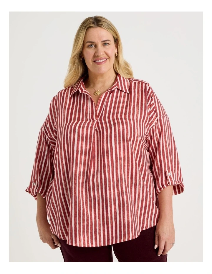 Rolled Sleeve Pop Over Shirt in Red Stripe image 7
