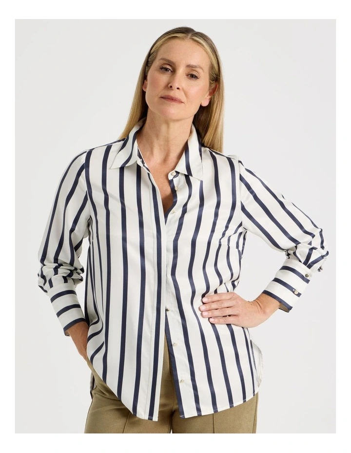 Long Sleeve Button Up Shirt in Ivory/Navy Stripe image 1