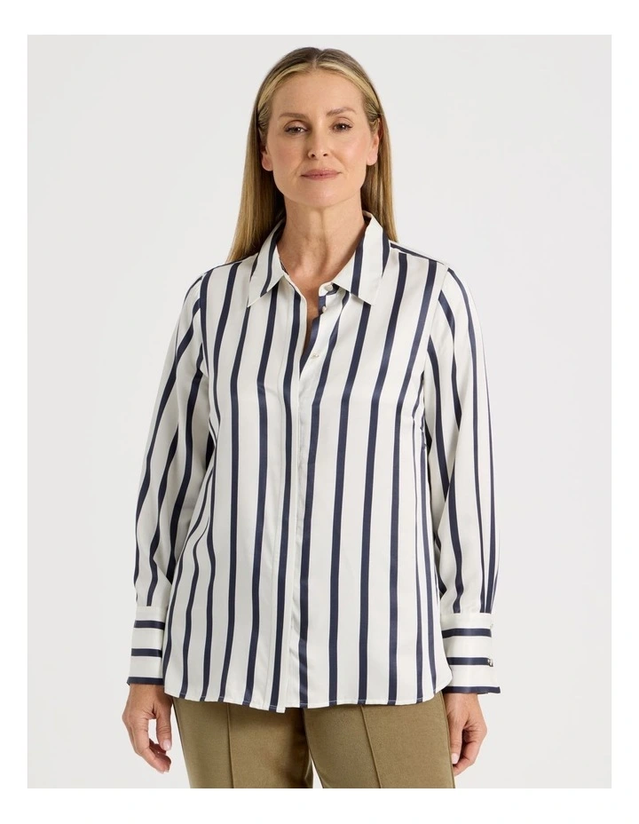 Long Sleeve Button Up Shirt in Ivory/Navy Stripe image 3