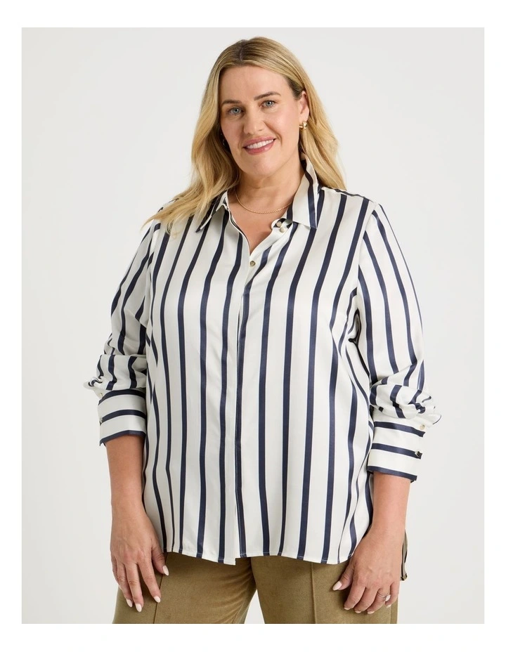 Long Sleeve Button Up Shirt in Ivory/Navy Stripe image 7