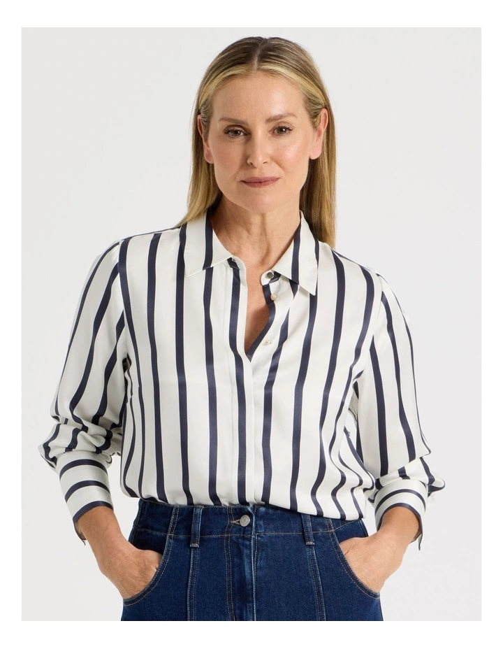Long Sleeve Button Up Shirt in Ivory/Navy Stripe image 7