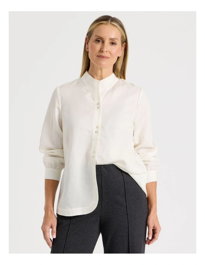 Stand Collar Long Sleeve Shirt With Gathering At Cuff In Ivory image 1
