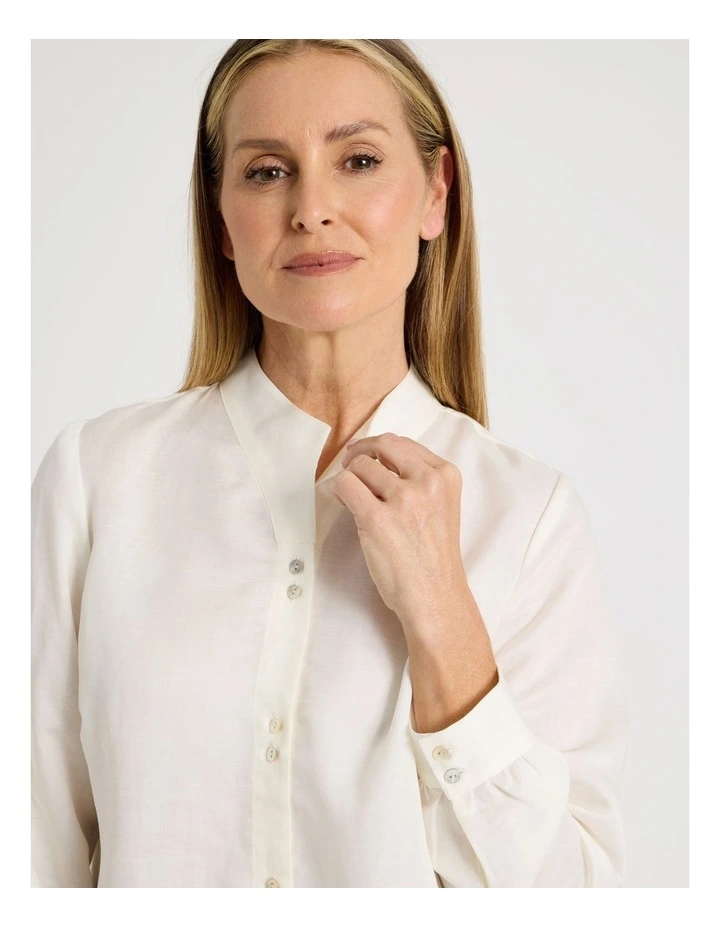 Stand Collar Long Sleeve Shirt With Gathering At Cuff In Ivory image 2