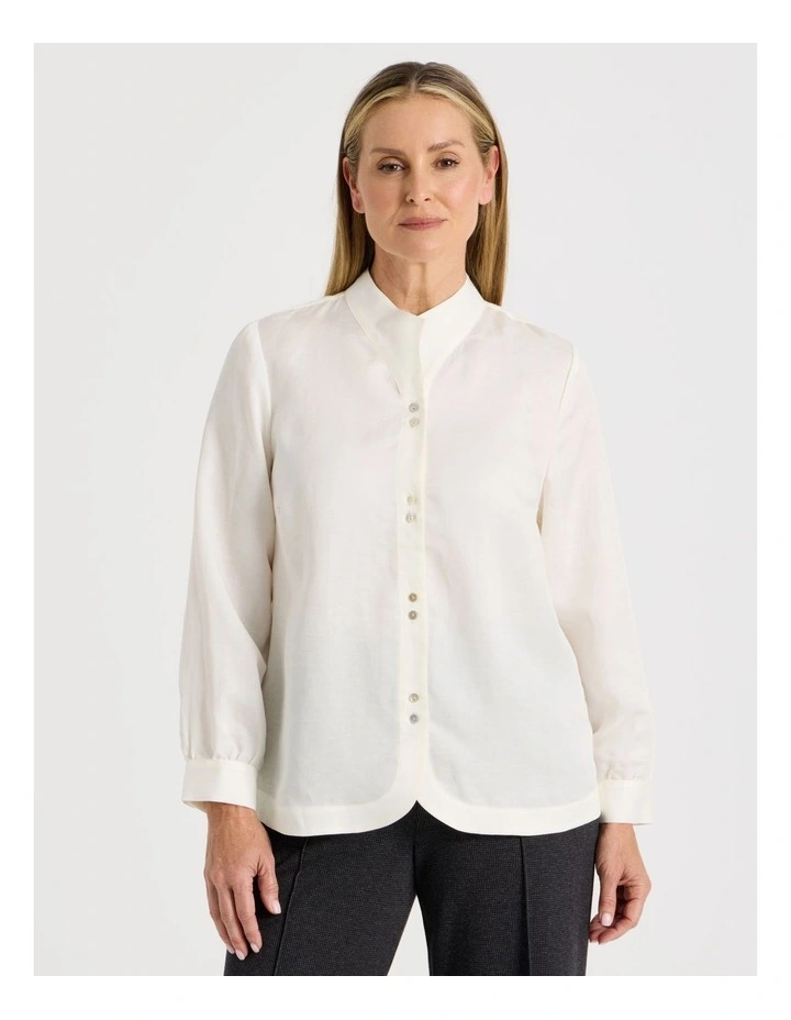 Stand Collar Long Sleeve Shirt With Gathering At Cuff In Ivory image 3