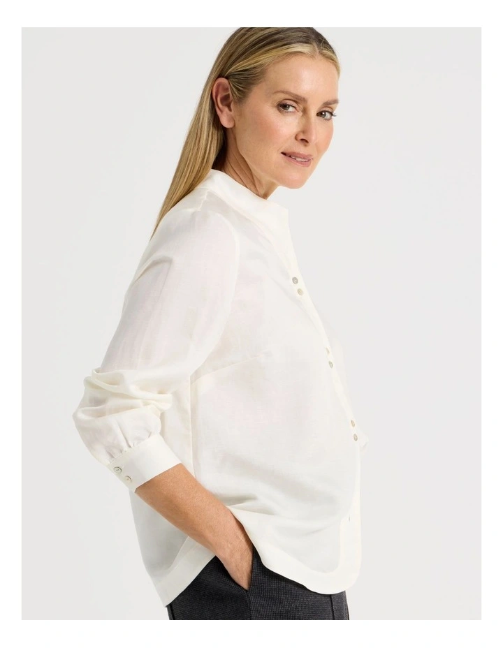 Stand Collar Long Sleeve Shirt With Gathering At Cuff In Ivory image 6