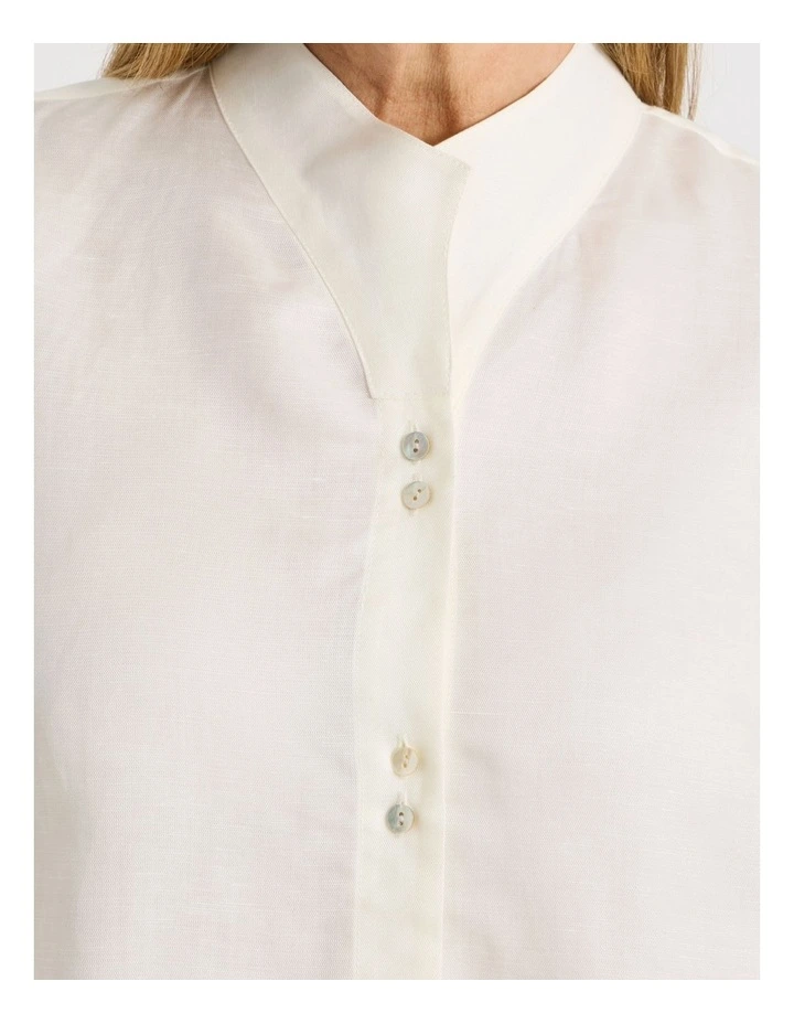 Stand Collar Long Sleeve Shirt With Gathering At Cuff In Ivory image 7