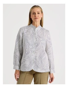 Stand Collar Long Sleeve Shirt With Gathering At Cuff in Ivory Line Print