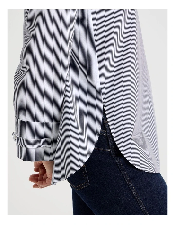 Stand Collar Long Sleeve Shirt With Forward Seams in Navy/White image 5