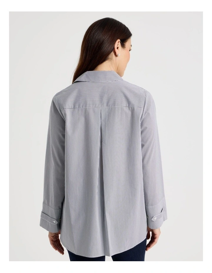 Stand Collar Long Sleeve Shirt With Forward Seams in Navy/White image 6