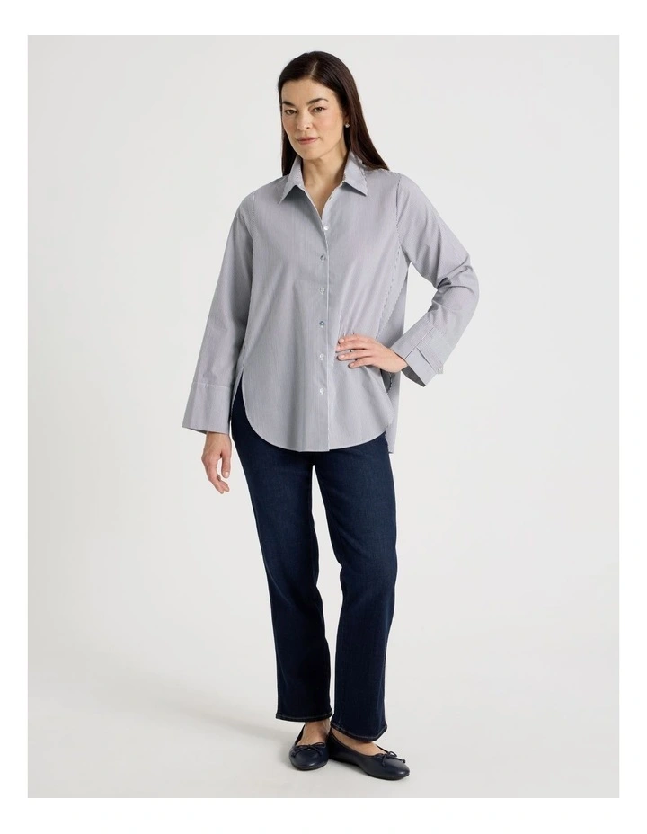 Stand Collar Long Sleeve Shirt With Forward Seams in Navy/White image 7