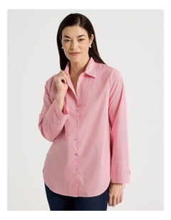 Stand Collar Long Sleeve Shirt With Forward Seams in Red/White