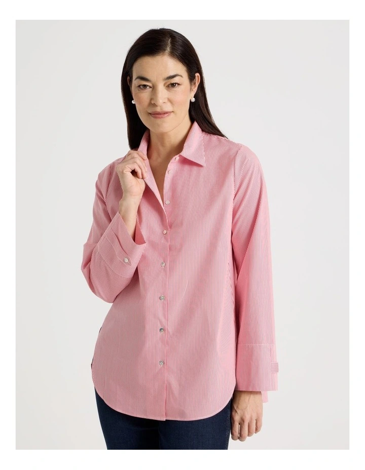 Stand Collar Long Sleeve Shirt With Forward Seams in Red/White image 1