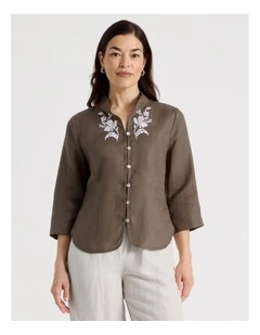 Stand Collar 3/4 Sleeve Shirt With Embroidery in Chocolate