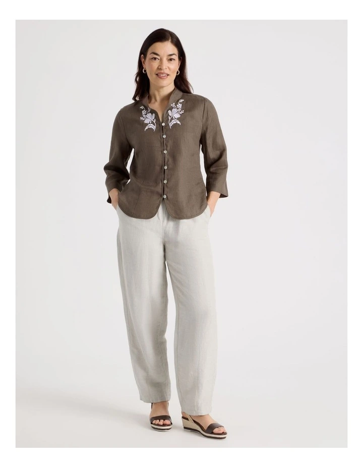 Stand Collar 3/4 Sleeve Shirt With Embroidery in Chocolate image 2