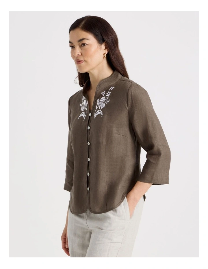 Stand Collar 3/4 Sleeve Shirt With Embroidery in Chocolate image 3